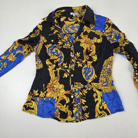 Cache Shirt Womens Medium Black Blue Gold Baroque Silk Stretch Snap Front Fitted - Picture 2 of 12